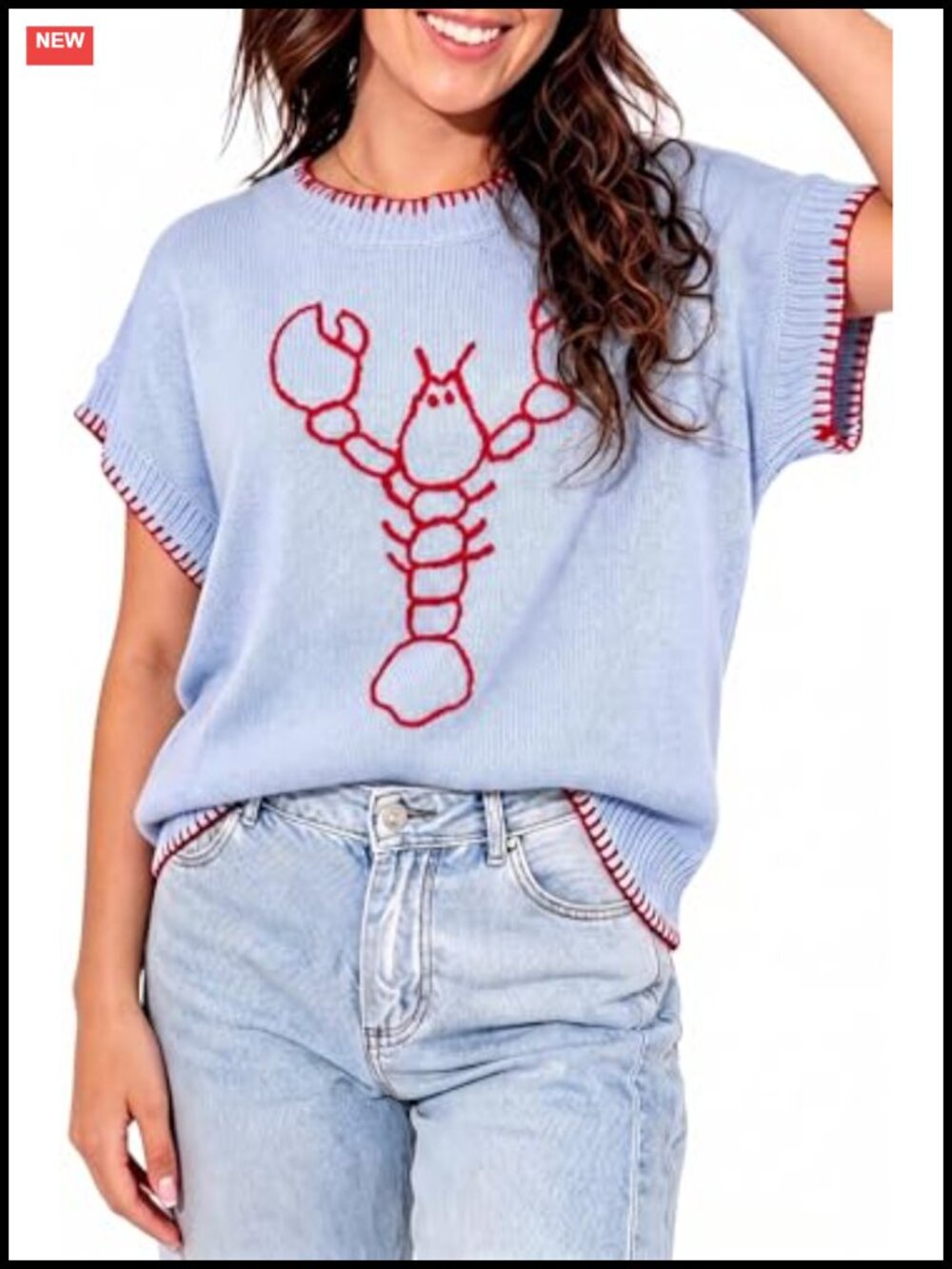 Womens Lobster Sleeveless Sweater Vest Casual Crew Neck Knit Top